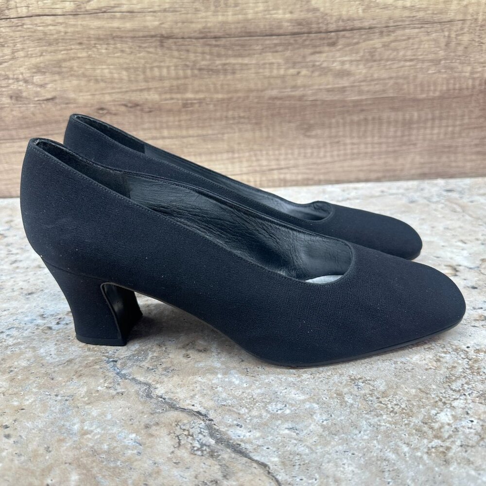 Stuart Weitzman Pumps Womens 9.5B Black Square Toe Heels Textile/Leather - Picture 4 of 10
